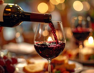 Red wine poured into elegant glass at dinner table, conveying luxury and celebration.