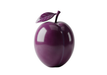 Isolated single plum, shiny purple fruit with stem and leaf, studio shot, render, still life