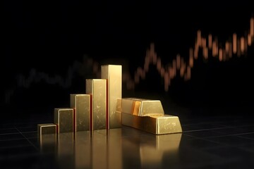 A gold bar graph with rising trend lines on a black background, a financial chart concept. Golden bars and upward arrows indicate a bullish stock market or a robust business chart, 