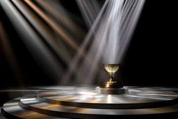 Obraz premium Shining Trophy on Podium Under Dramatic Lighting, Symbolizing Victory, Achievement, Excellence, Recognition and Success in Competition