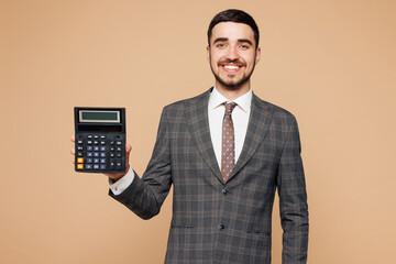 Young minded successful employee business man corporate lawyer wear classic formal grey suit shirt...