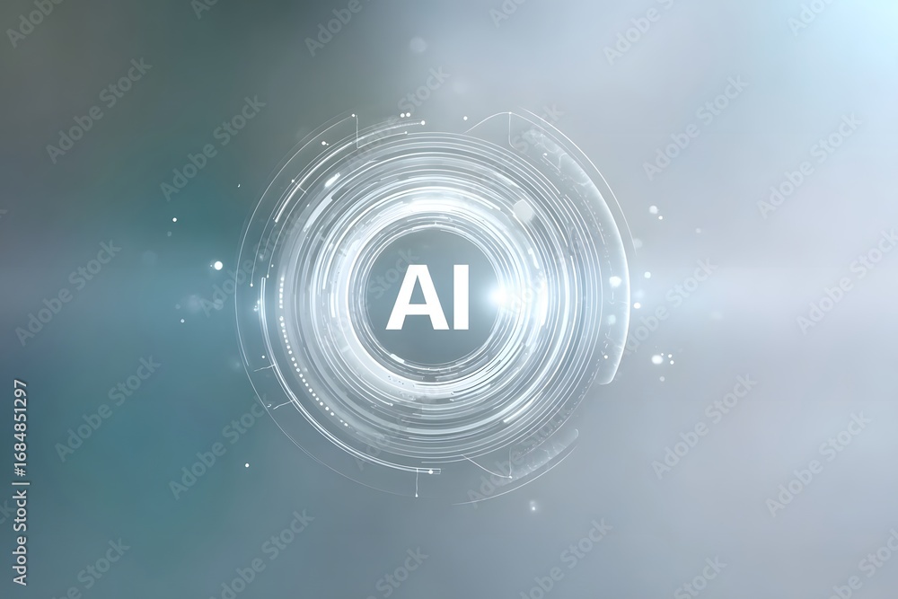 Poster abstract futuristic technology background with ai text and a white circle on a light blue-grey color