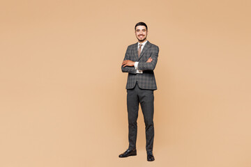 Full body young happy successful employee business man corporate lawyer wear classic formal grey...