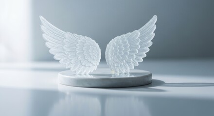 Pure glass angel wings on a marble pedestal in a bright, clean studio