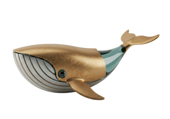 Isolated whale toy, whimsical marine life with bronze and silver tones, underwater life