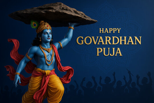 Happy govardhan puja, a powerful and muscular statue of lord krishna lifting a massive rock, protecting his devotees from indra's wrath