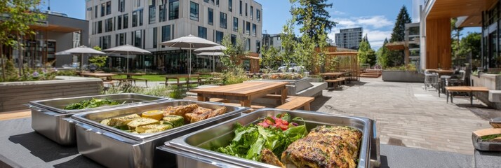 Outdoor urban dining with fresh food in modern courtyard setting