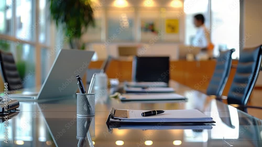 Aufkleber a simple setup of a glass table with a notebook and pen, ideal for office or study settings