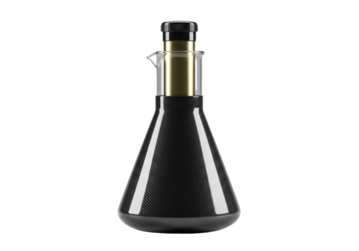 Isolated textured Erlenmeyer flask chemical container, gold and black glassware, modern design