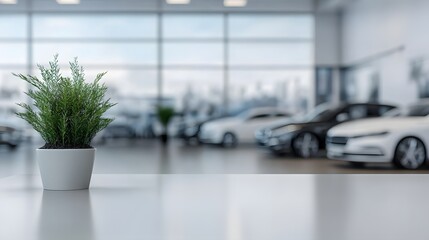 Reception desk with green plant and cars in showroom.