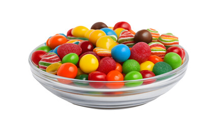 Assorted candy mix in clear glass bowl, gumballs, jelly beans, striped hard candies and chocolate sweets on transparent background.