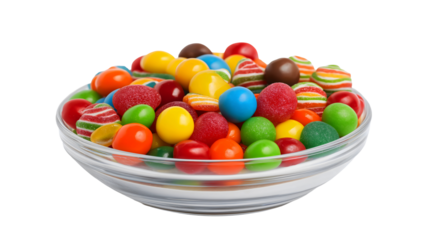 Assorted candy mix in clear glass bowl, gumballs, jelly beans, striped hard candies and chocolate sweets on transparent background.