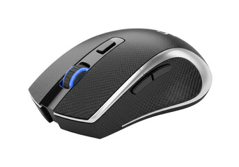 Isolated computer mouse with blue scroll wheel, silver trim, and black carbon fiber