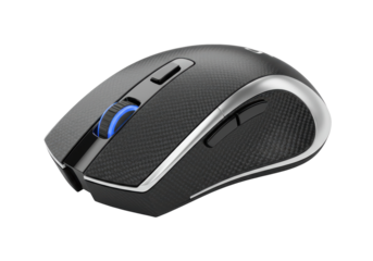 Isolated computer mouse with blue scroll wheel, silver trim, and black carbon fiber