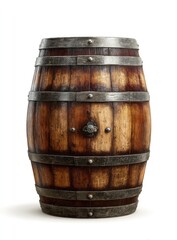 Obraz premium Aged wooden barrel, isolated on white. Iron bands encircle the weathered, light brown and dark brown, cylindrical container