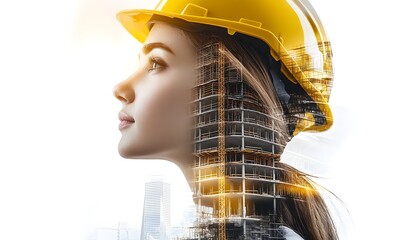 Engineer woman and construction site double exposure.
