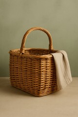 A charming wicker basket with a linen cloth elegantly draped over its edge, evoking a sense of warmth and rustic simplicity