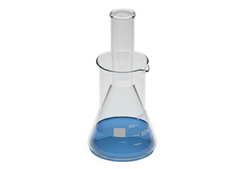 Isolated Erlenmeyer flask with round bottom, graduated cylinder, and blue liquid in laboratory