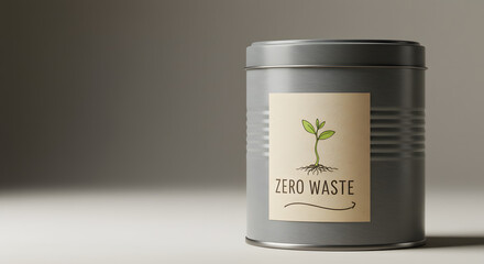 A reusable metal tin container with a Zero Waste label and green sprout logo, illustrating a concept of sustainable, eco-friendly living and conscious consumption