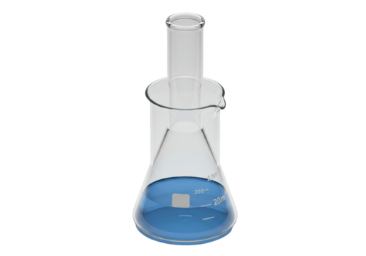 Isolated Erlenmeyer flask with round bottom, graduated cylinder, and blue liquid in laboratory - Powered by Adobe