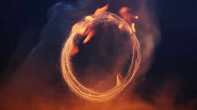 The scene features a dramatic, atmospheric fire effect with glowing fire sparks and embers, scattered by orange and red particles in a dark background.