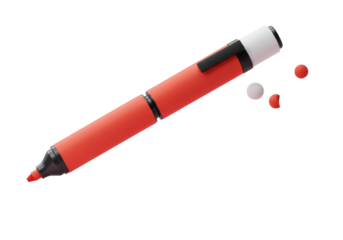 Isolated red marker with black clip and a couple of colored balls floating around the stationery