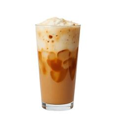 A gourmet iced coffee latte with a rich caramel drizzle and creamy foam topping, presented as a refreshing beverage in a tall glass isolated on a white background