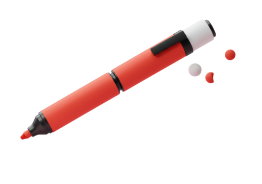 Isolated red marker with black clip and a couple of colored balls floating around the stationery