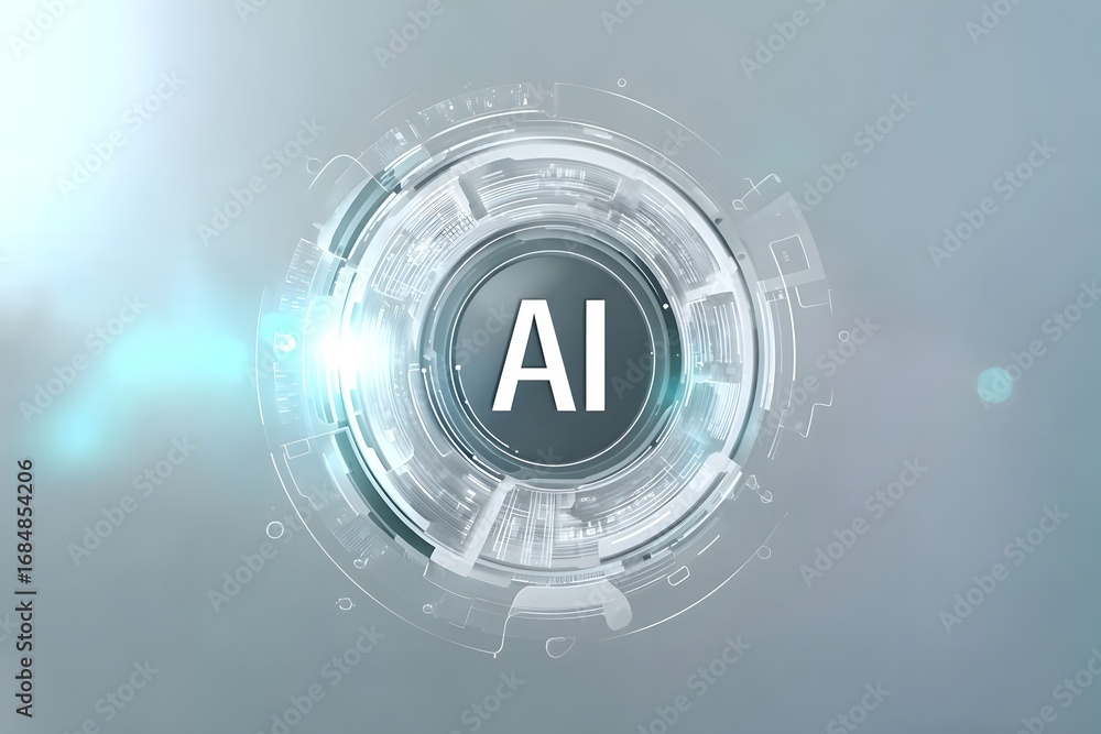 Poster abstract futuristic technology background with ai text and a white circle on a light blue-grey color