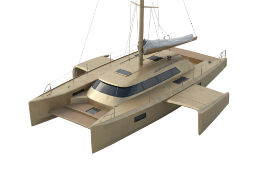 Isolated Trimaran sailing yacht, high angle perspective, modern luxury watercraft, vessel