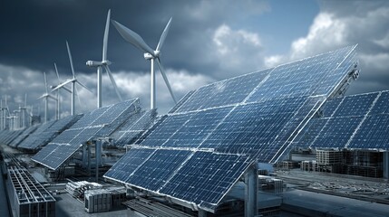 Sustainable energy park featuring solar panels and wind turbines generating clean power under dramatic cloudy sky, modern renewable resources
