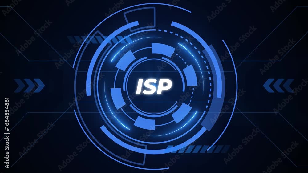 Poster futuristic hud interface displaying isp acronym with glowing blue circular elements and digital line