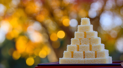 Delicate rice cake pyramid dusted with osmanthus flowers, showcasing festive autumn flavors.