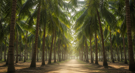 Obraz premium A pathway stretches through a dense grove of tall coconut palm trees, their fronds creating a canopy overhead in tropical sunlight.