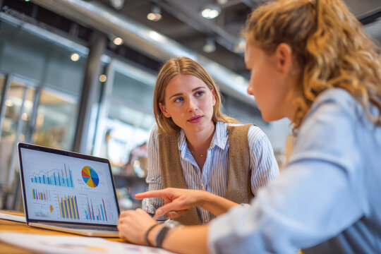 Young adult caucasian woman in business attire discussing data analysis with a colleague in a modern office setting during daytime