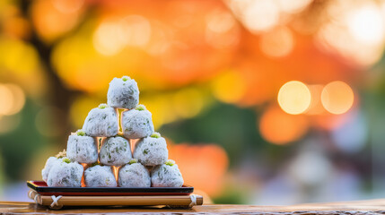 Delicate rice cake pyramid dusted with osmanthus flowers, showcasing festive autumn flavors.