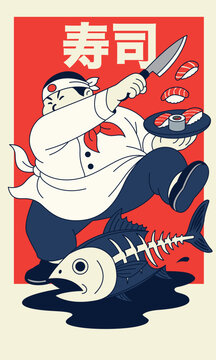Dynamic illustration of Japanese sushi chef slicing tuna with knife while serving sushi, bold vector artwork inspired by Japanese food culture. Japanese translation mean Sushi