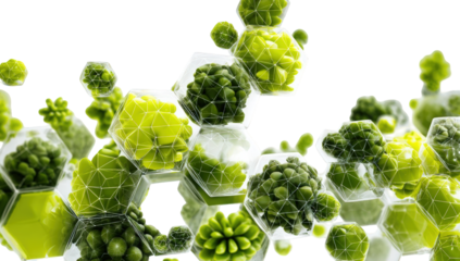 Abstract geometric shapes filled with vibrant greenery, creating a complex, interconnected pattern