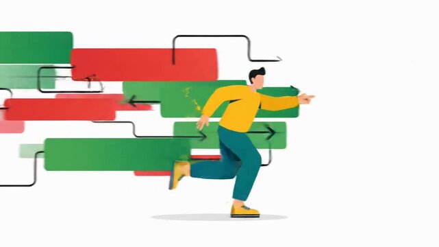 Illustrated Man Navigating a Complex Business Process Flowchart.