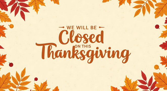 Thanksgiving Closure Announcement With Autumn Leaves And Decorative Elements Displaying The Message "We Will Be Closed On Thanksgiving Day".