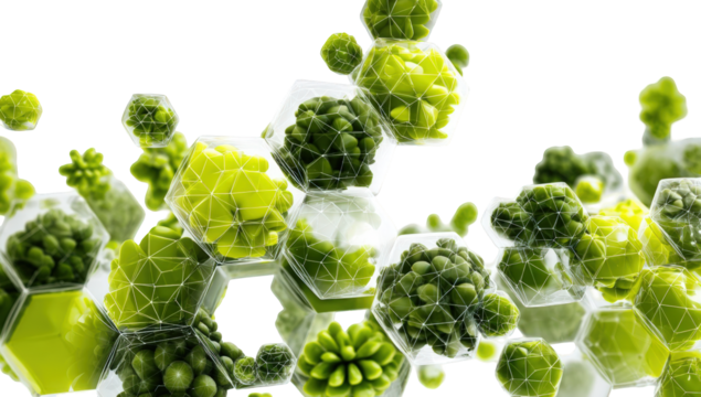 Abstract geometric shapes filled with vibrant greenery, creating a complex, interconnected pattern