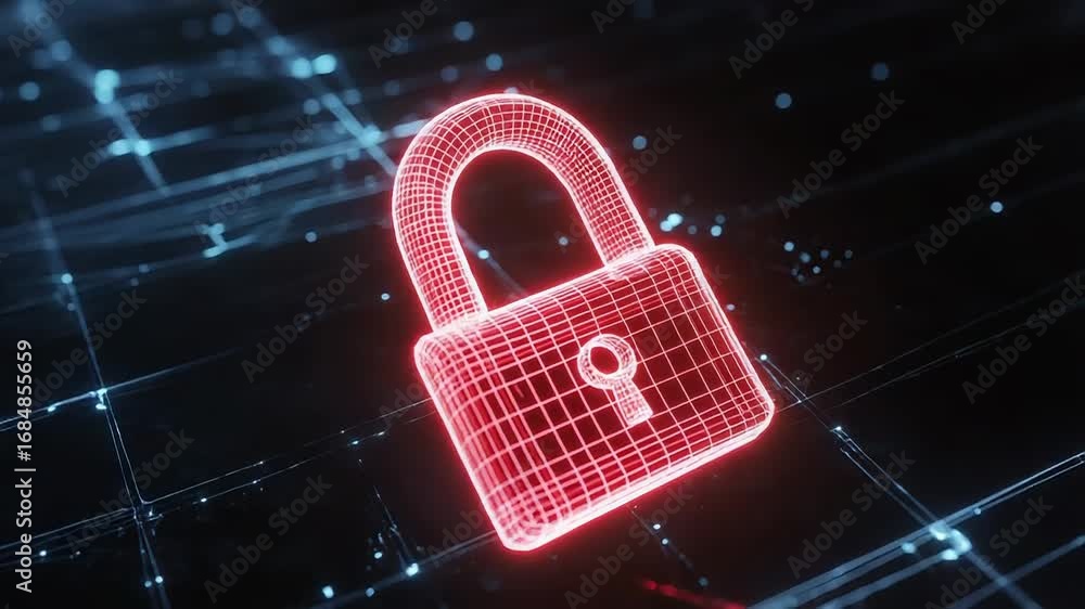 Poster glowing red padlock symbolizing computer security on futuristic background