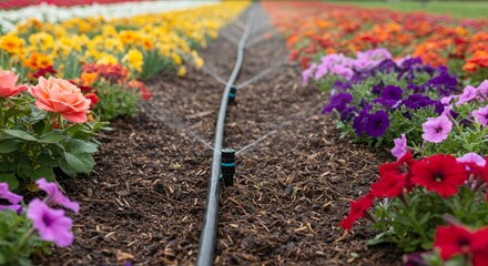 Flower Bed Irrigation System with Colorful Blooms