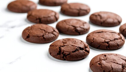 Row of chocolate chip cookies on white marble