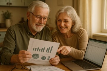 Smiling senior couple reviewing financial charts and planning investments at home
