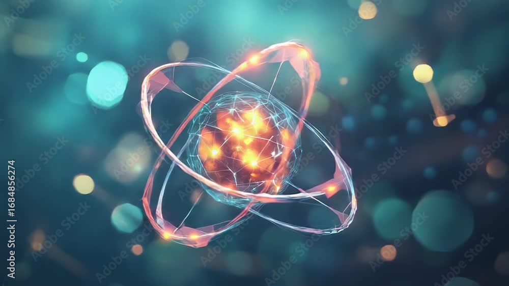 Poster atom orbiting electrons glowing energy structure physics science background