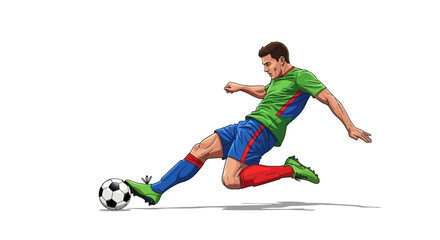 Obraz premium Dynamic athlete kicks soccer ball mid-air, showcasing athleticism and the thrill of the game with powerful motion.