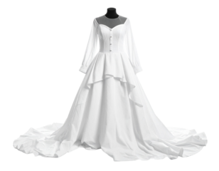 A simple white wedding dress, a classic and elegant bridal gown, isolated on a white background.