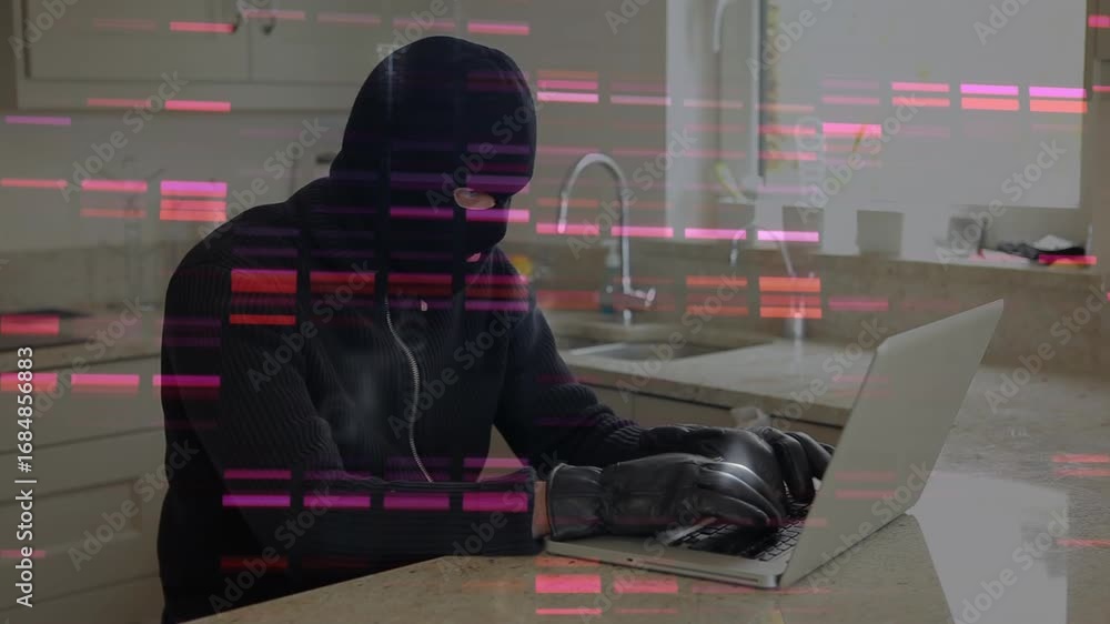 Poster animation of data processing over caucasian male computer hacker in balaclava using laptop