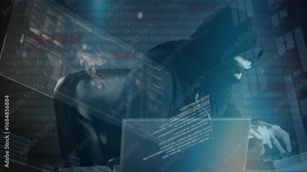 Aufkleber animation of data processing over caucasian male computer hacker in balaclava using laptop